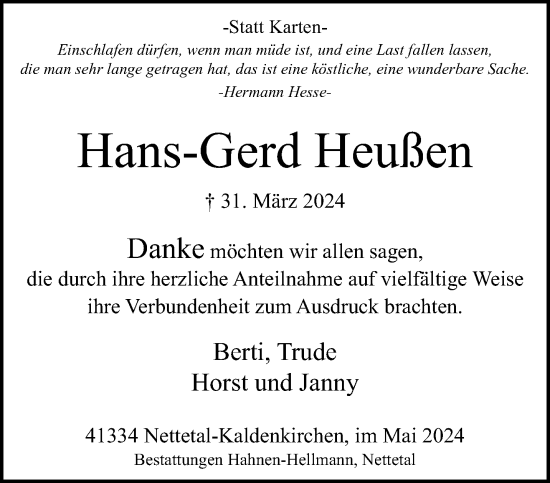 Traueranzeige von Hans-Gerd Heußen von trauer.extra-tipp-moenchengladbach.de