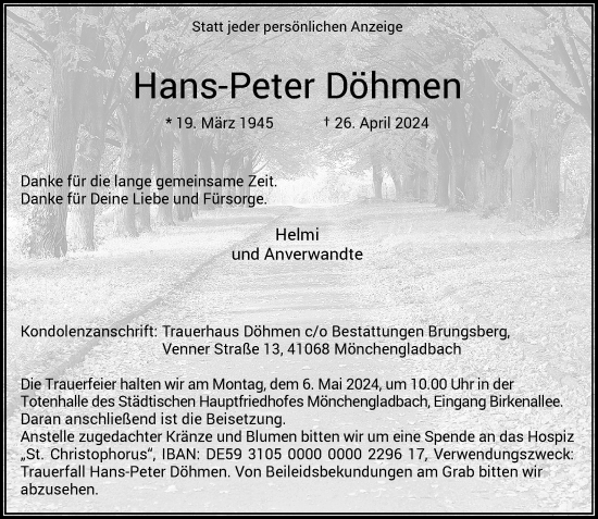 Traueranzeige von Hans-Peter Döhmen von trauer.extra-tipp-moenchengladbach.de