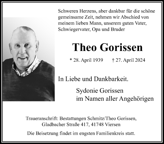 Traueranzeige von Theo Gorissen von trauer.extra-tipp-moenchengladbach.de
