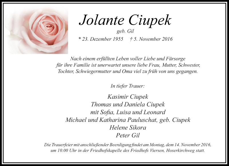  Traueranzeige für Jolante Ciupek vom 09.11.2016 aus trauer.extra-tipp-moenchengladbach.de