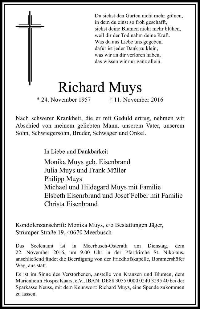 Traueranzeige für Richard Muys vom 16.11.2016 aus trauer.extra-tipp-moenchengladbach.de
