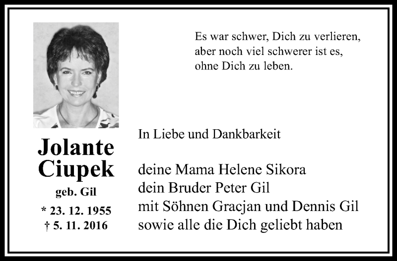  Traueranzeige für Jolante Ciupek vom 13.11.2016 aus trauer.extra-tipp-moenchengladbach.de