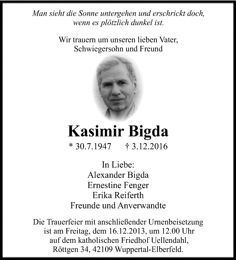  Traueranzeige für Kasimir Bigda vom 10.12.2016 aus trauer.wuppertaler-rundschau.de