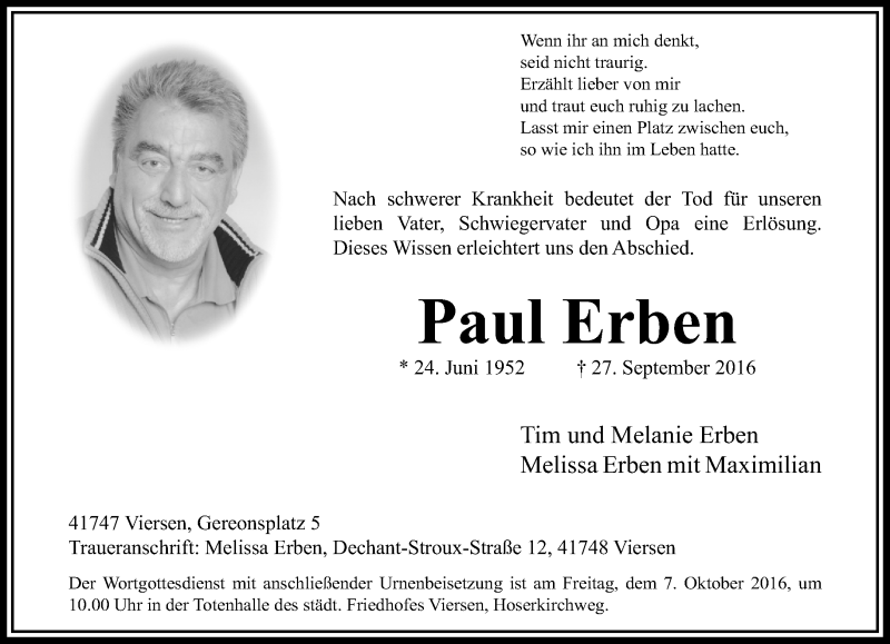  Traueranzeige für Paul Erben vom 02.10.2016 aus trauer.extra-tipp-moenchengladbach.de