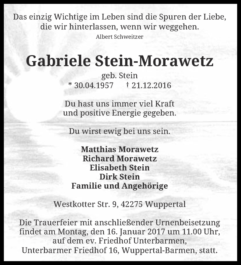  Traueranzeige für Gabriele Stein-Morawetz vom 07.01.2017 aus trauer.wuppertaler-rundschau.de