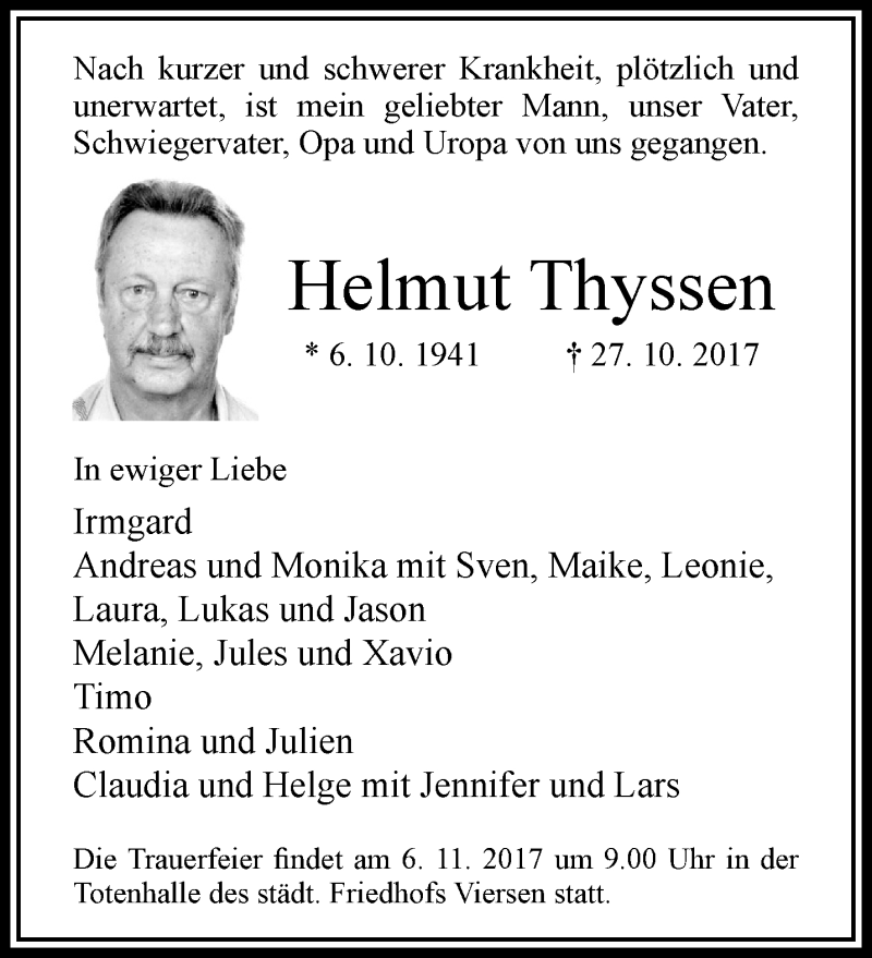  Traueranzeige für Helmut Thyssen vom 01.11.2017 aus trauer.extra-tipp-moenchengladbach.de