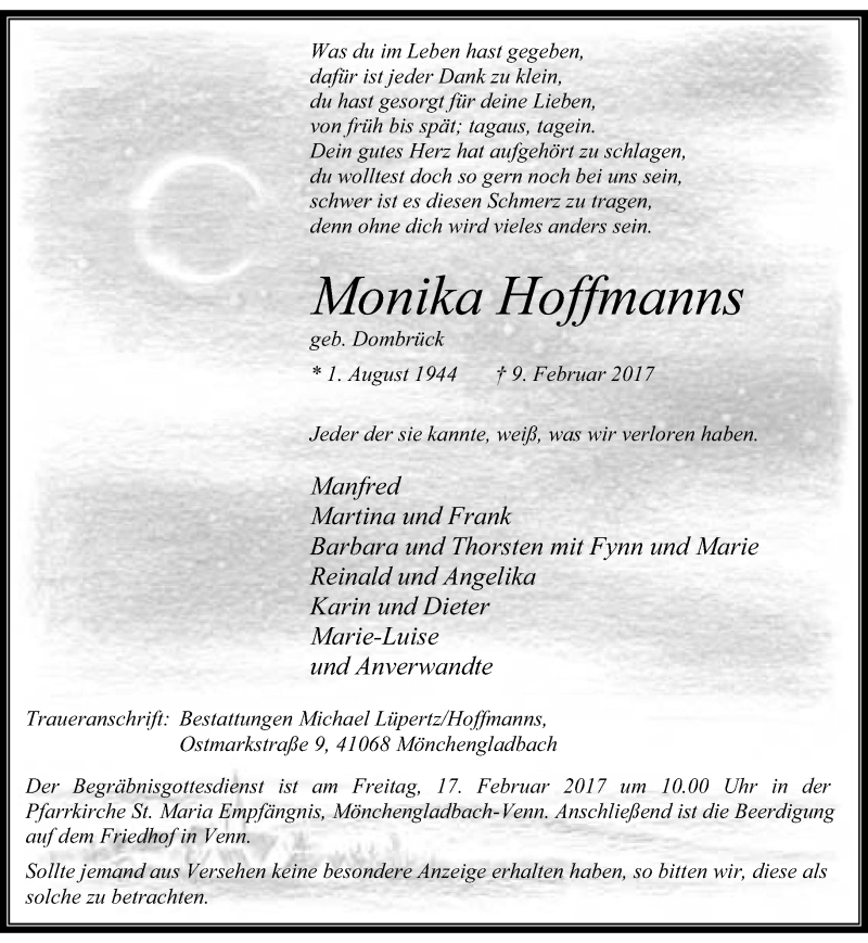  Traueranzeige für Monika Hoffmanns vom 12.02.2017 aus trauer.extra-tipp-moenchengladbach.de
