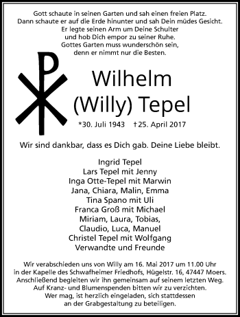Traueranzeige von Wilhelm Tepel von trauer.stadt-panorame.de