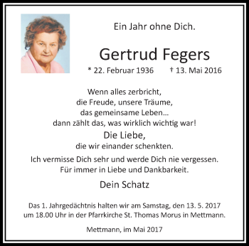 Traueranzeige von Gertrud Fegers von trauer.duesseldorfer-anzeiger.de