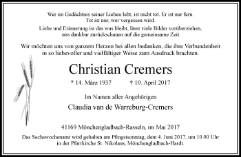 Traueranzeige von Christian Cremers von trauer.extra-tipp-moenchengladbach.de