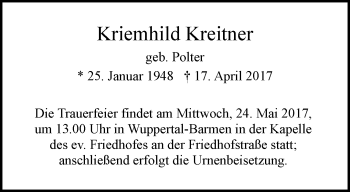 Traueranzeige von Kriemhild Kreitner von trauer.wuppertaler-rundschau.de