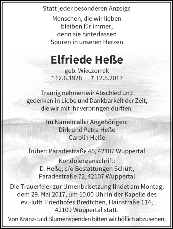 Traueranzeige von Elfriede Heße von trauer.wuppertaler-rundschau.de