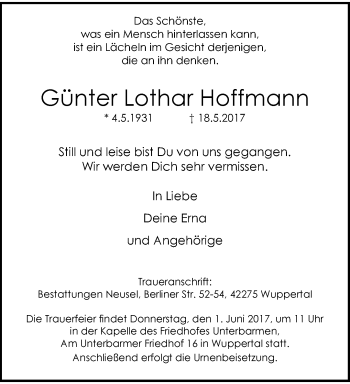 Traueranzeige von Günter Lothar Hoffmann von trauer.wuppertaler-rundschau.de