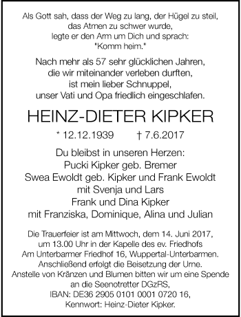 Traueranzeige von Heinz-Dieter Kipker von trauer.wuppertaler-rundschau.de