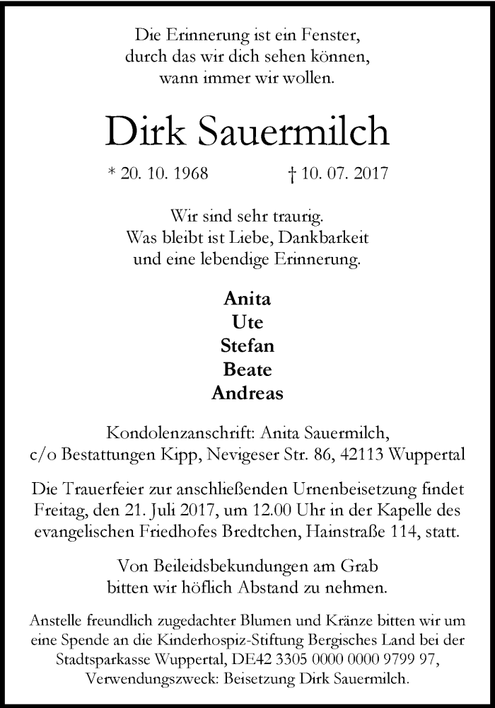  Traueranzeige für Dirk Sauermilch vom 15.07.2017 aus trauer.wuppertaler-rundschau.de