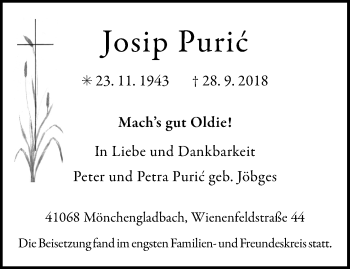 Traueranzeige von Josip Puric von trauer.extra-tipp-moenchengladbach.de