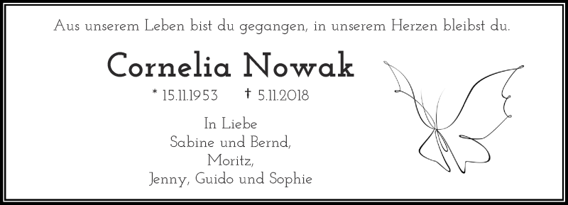  Traueranzeige für Cornelia Nowak vom 10.11.2018 aus trauer.wuppertaler-rundschau.de