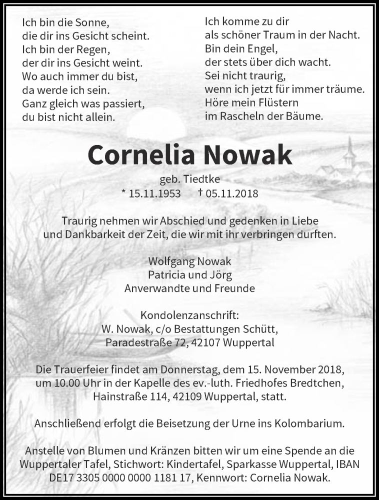  Traueranzeige für Cornelia Nowak vom 10.11.2018 aus trauer.wuppertaler-rundschau.de