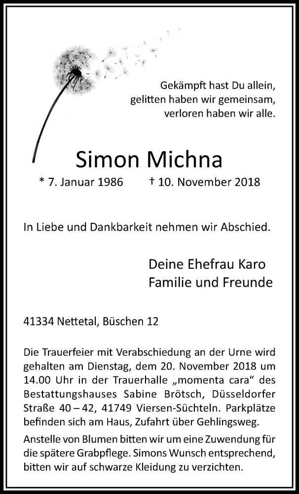  Traueranzeige für Simon Michna vom 18.11.2018 aus trauer.extra-tipp-moenchengladbach.de