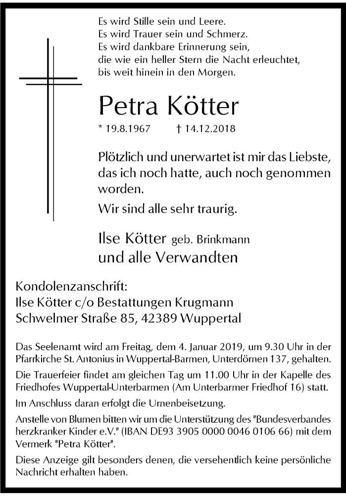 Traueranzeige für Petra Kötter vom 29.12.2018 aus trauer.wuppertaler-rundschau.de