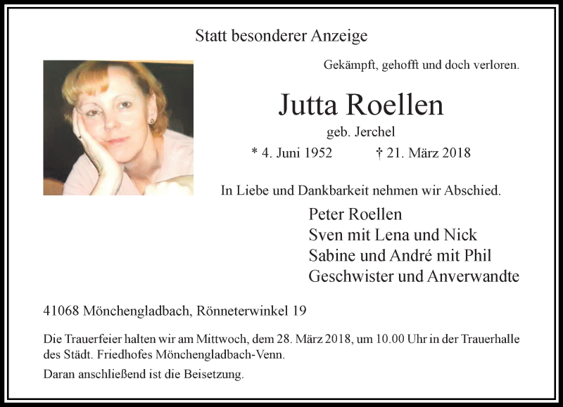  Traueranzeige für Jutta Roellen vom 25.03.2018 aus trauer.extra-tipp-moenchengladbach.de