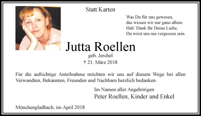  Traueranzeige für Jutta Roellen vom 22.04.2018 aus trauer.extra-tipp-moenchengladbach.de