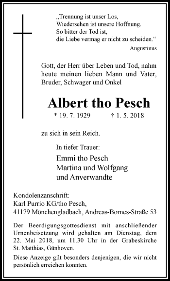 Traueranzeige von Albert tho Pesch von trauer.extra-tipp-moenchengladbach.de