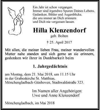 Traueranzeige von Hilla Klenzendorf von trauer.extra-tipp-moenchengladbach.de