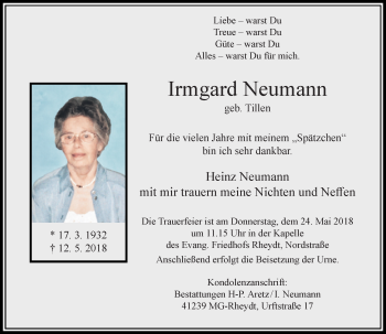 Traueranzeige von Irmgard Neumann von trauer.extra-tipp-moenchengladbach.de