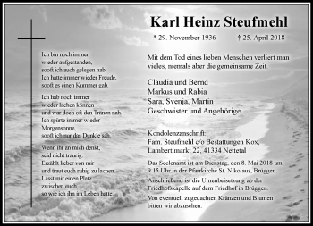 Traueranzeige von Karl Heinz Steufmehl von trauer.extra-tipp-moenchengladbach.de