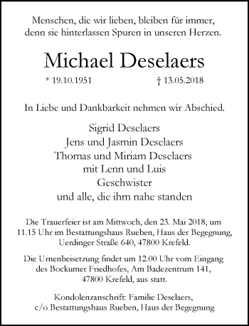 Traueranzeige von Michael Deselaers von trauer.mein.krefeld.de