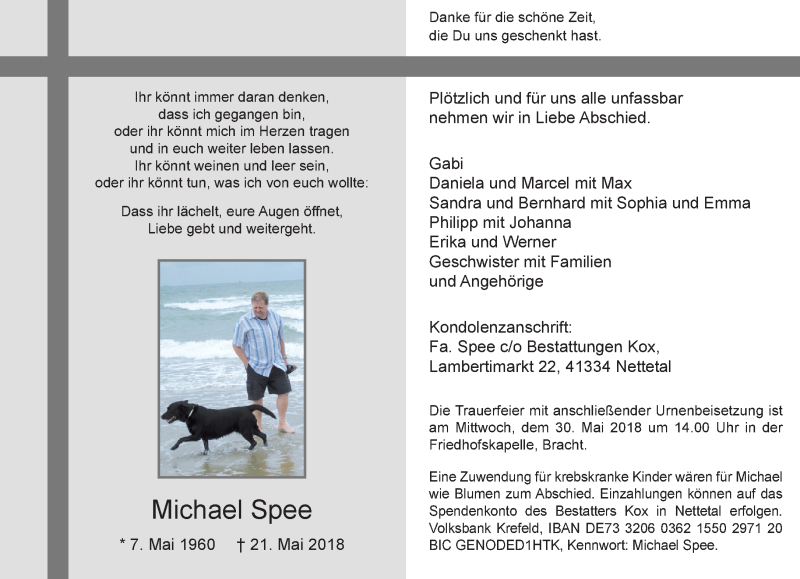  Traueranzeige für Michael Spee vom 27.05.2018 aus trauer.extra-tipp-moenchengladbach.de