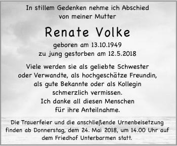 Traueranzeige von Renate Volke von trauer.wuppertaler-rundschau.de