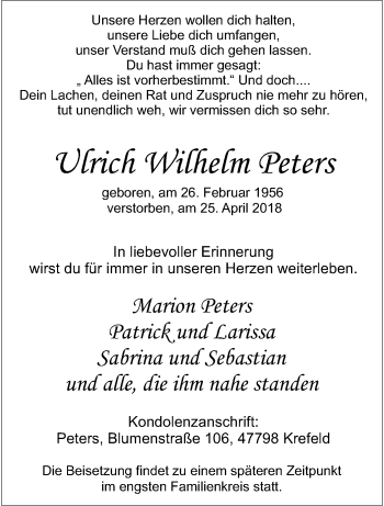 Traueranzeige von Ulrich Wilhelm Peters von trauer.extra-tipp-moenchengladbach.de