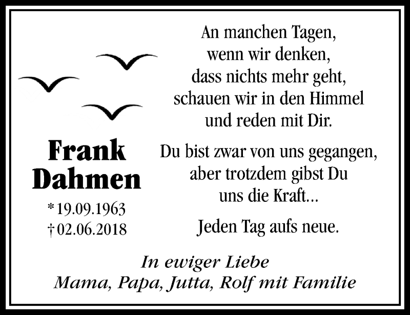  Traueranzeige für Frank Dahmen vom 17.06.2018 aus trauer.mein.krefeld.de