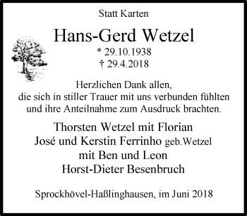 Traueranzeige von Hans-Gerd Wetzel von trauer.wuppertaler-rundschau.de