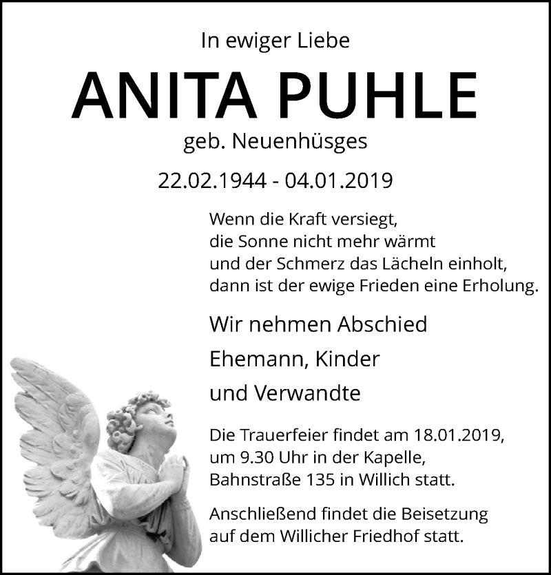  Traueranzeige für Anita Puhle vom 16.01.2019 aus trauer.mein.krefeld.de