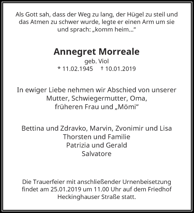  Traueranzeige für Annegret Morreale vom 19.01.2019 aus trauer.wuppertaler-rundschau.de