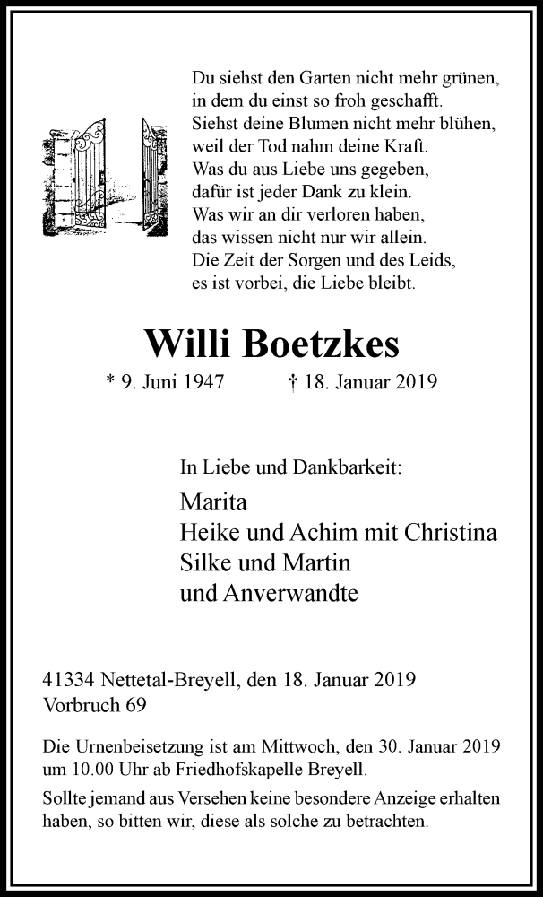  Traueranzeige für Willi Boetzkes vom 27.01.2019 aus trauer.extra-tipp-moenchengladbach.de