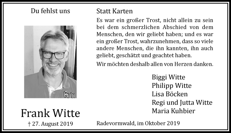  Traueranzeige für Frank Witte vom 19.10.2019 aus trauer.wuppertaler-rundschau.de