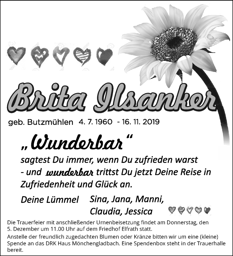  Traueranzeige für Brita Ilsanker vom 01.12.2019 aus trauer.mein.krefeld.de