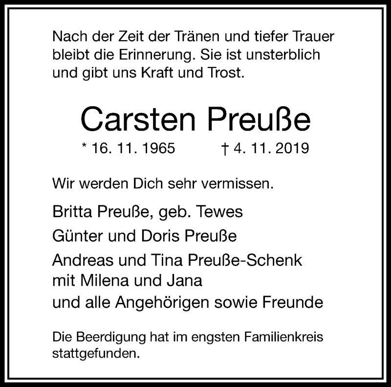  Traueranzeige für Carsten Preuße vom 30.11.2019 aus trauer.wuppertaler-rundschau.de