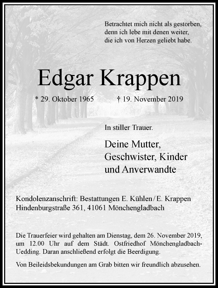  Traueranzeige für Edgar Krappen vom 24.11.2019 aus trauer.extra-tipp-moenchengladbach.de