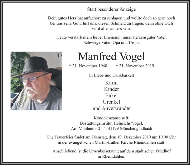  Traueranzeige für Manfred Vogel vom 01.12.2019 aus trauer.extra-tipp-moenchengladbach.de