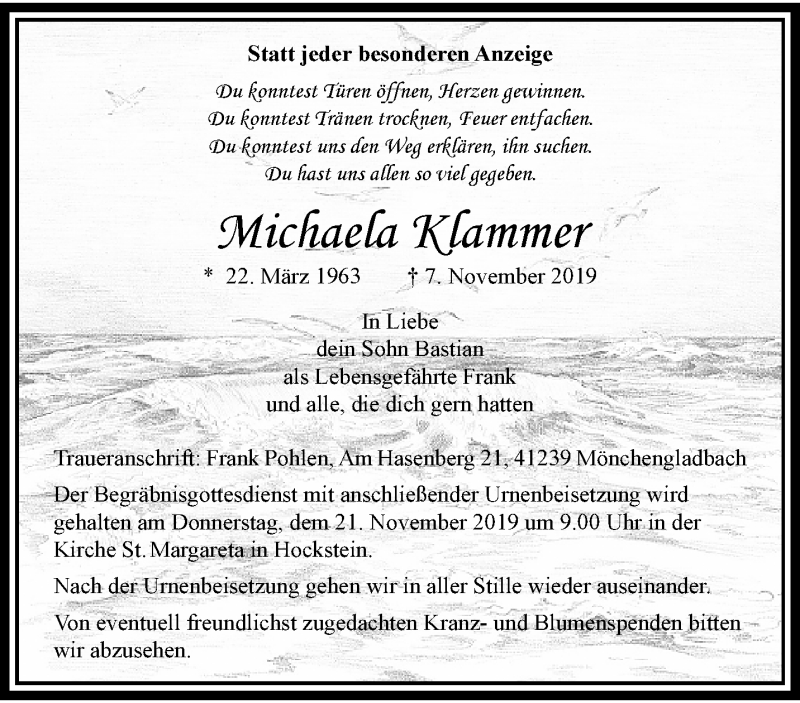  Traueranzeige für Michaela Klammer vom 17.11.2019 aus trauer.extra-tipp-moenchengladbach.de