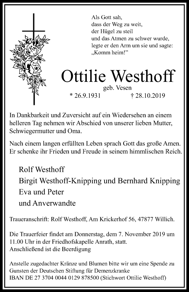  Traueranzeige für Ottilie Westhoff vom 06.11.2019 aus trauer.extra-tipp-moenchengladbach.de