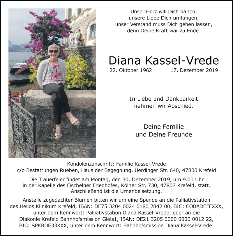  Traueranzeige für Diana Kassel-Vrede vom 22.12.2019 aus trauer.mein.krefeld.de