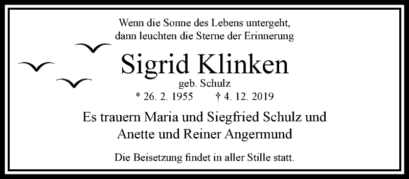  Traueranzeige für Sigrid Klinken vom 15.12.2019 aus trauer.extra-tipp-moenchengladbach.de