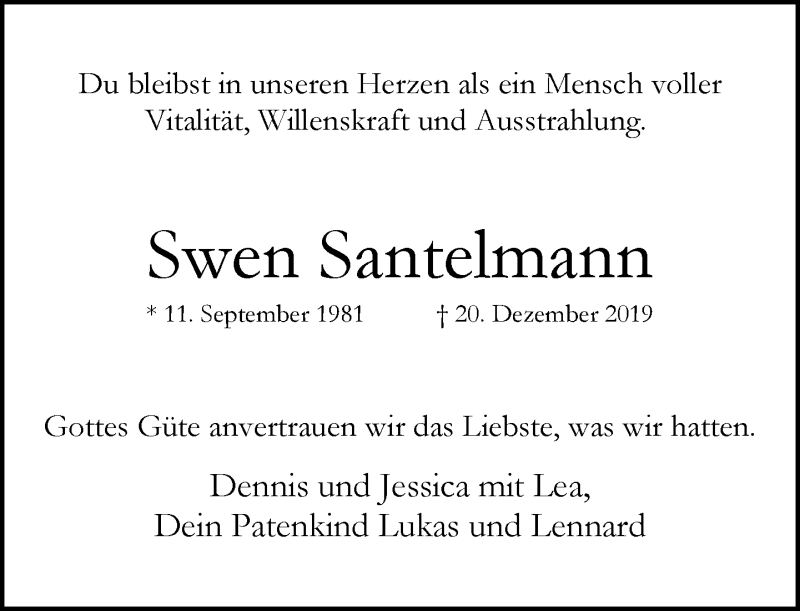  Traueranzeige für Swen Santelmann vom 29.12.2019 aus trauer.mein.krefeld.de