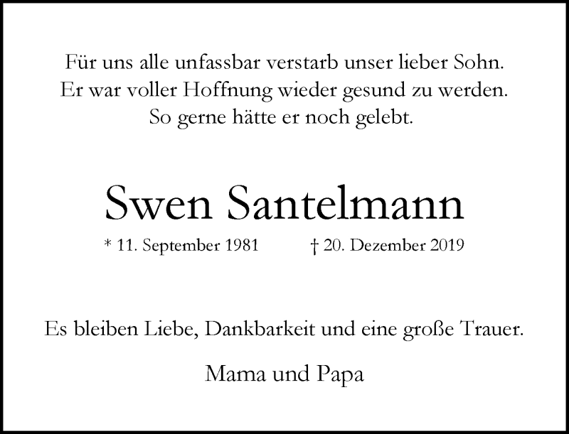  Traueranzeige für Swen Santelmann vom 29.12.2019 aus trauer.mein.krefeld.de